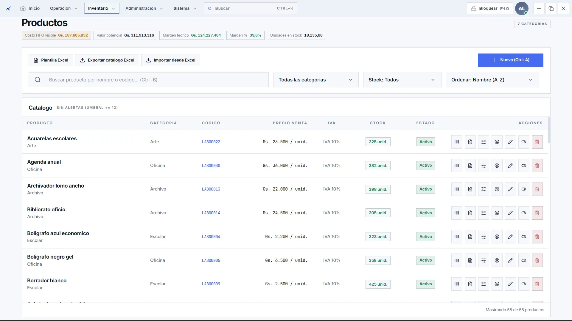 Pantalla de gestión de inventario mostrando listas de productos, cantidades y alertas de stock bajo