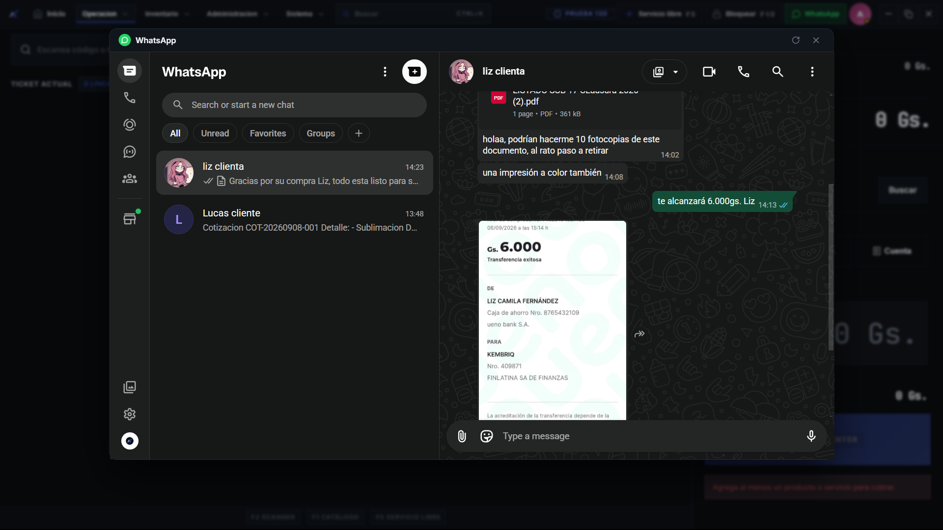 Captura de WhatsApp Web integrado mostrando comprobante bancario recibido en vivo