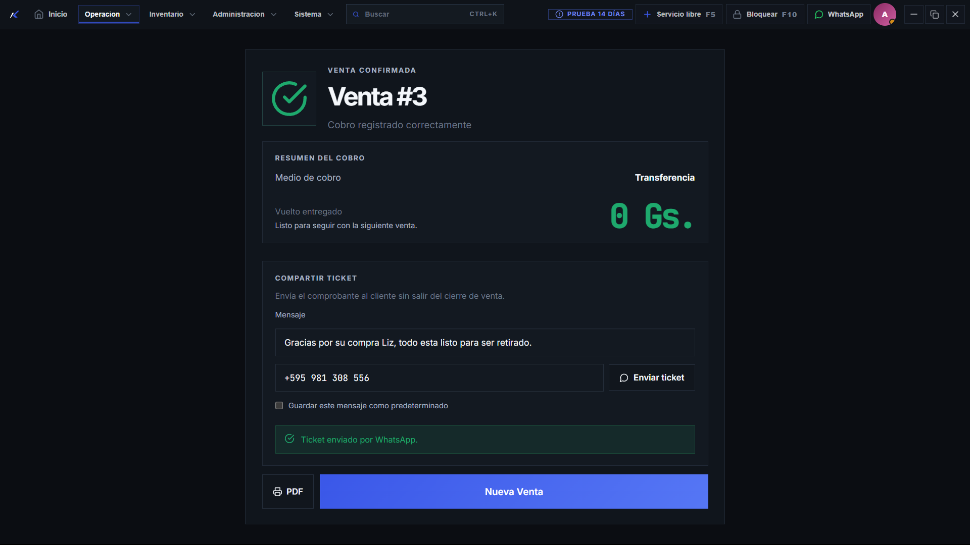 Captura de cobro completado en Kembriq POS con destino WhatsApp listo