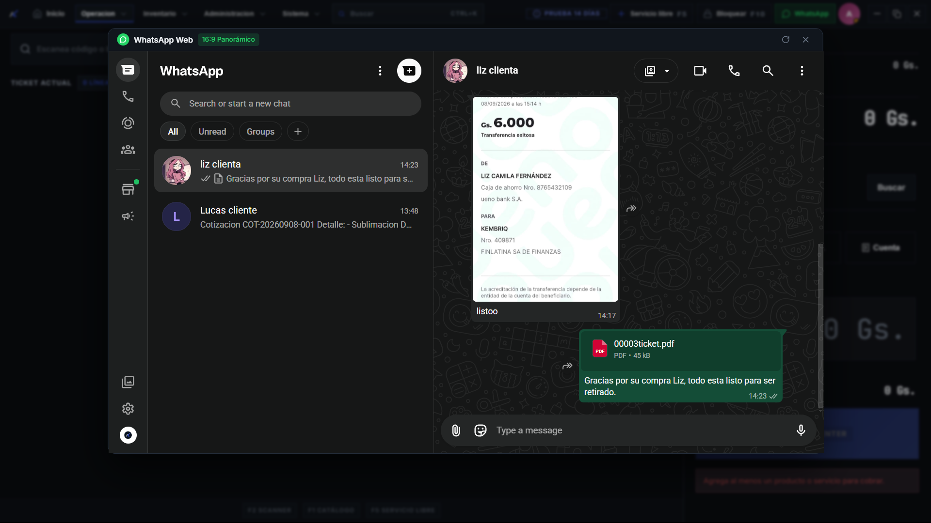 Captura del ticket en PDF entregado directamente en la conversación de WhatsApp