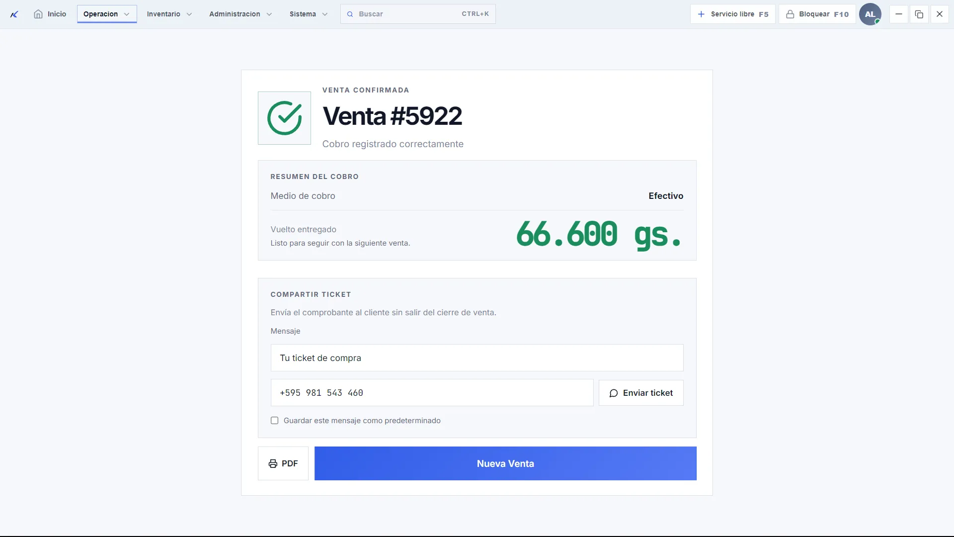 Captura de Venta registrada en Kembriq POS